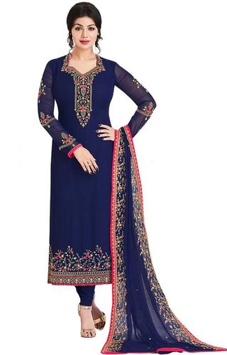 Embroidered Georgette Salwar Suit - Unstitched Dress Material, 2.25 Mt Top & Dupatta, 3.5 Mt Bottom, Blue with Resham Embroidery & Nazmeen Dupatta