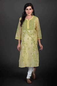 Cotton Chikan Kurti - Cotton, Size M (bust 40 Inch), Pista Green, Length 46 Inch, Full Sleeves, Embroidered Floral Patterns, Casual Ethnic Wear