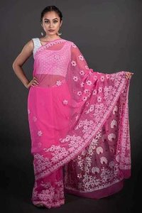 Georgette Chikan Saree - Cotton, Size M, Pink | Casual Dress, Embroidered Floral Patterns, Intricate Chikan Kari Stitches, Full Sleeves, Washable, Summer Wear