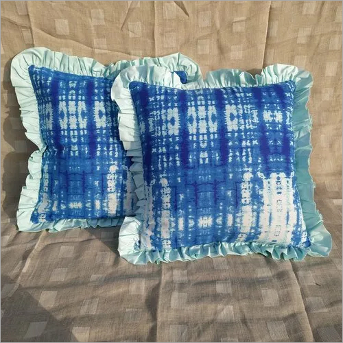 Kirti Finishing Blue Abstract Print Cushion Cover with Frills 16 inches