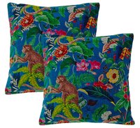 Kirti Finishing  Blue Monkey Print Velvet Cushion Cover 16 inches