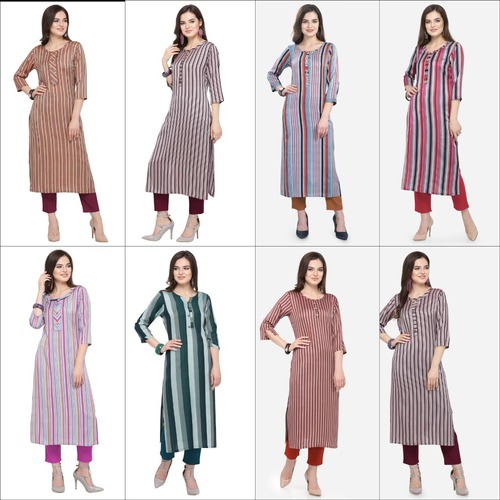 Ladies Kurti By Lining - Rayon Weaved Stripes, Sizes M, L, XL, XXL, 3-4th Sleeve, Printed Pattern, Suitable for All Seasons