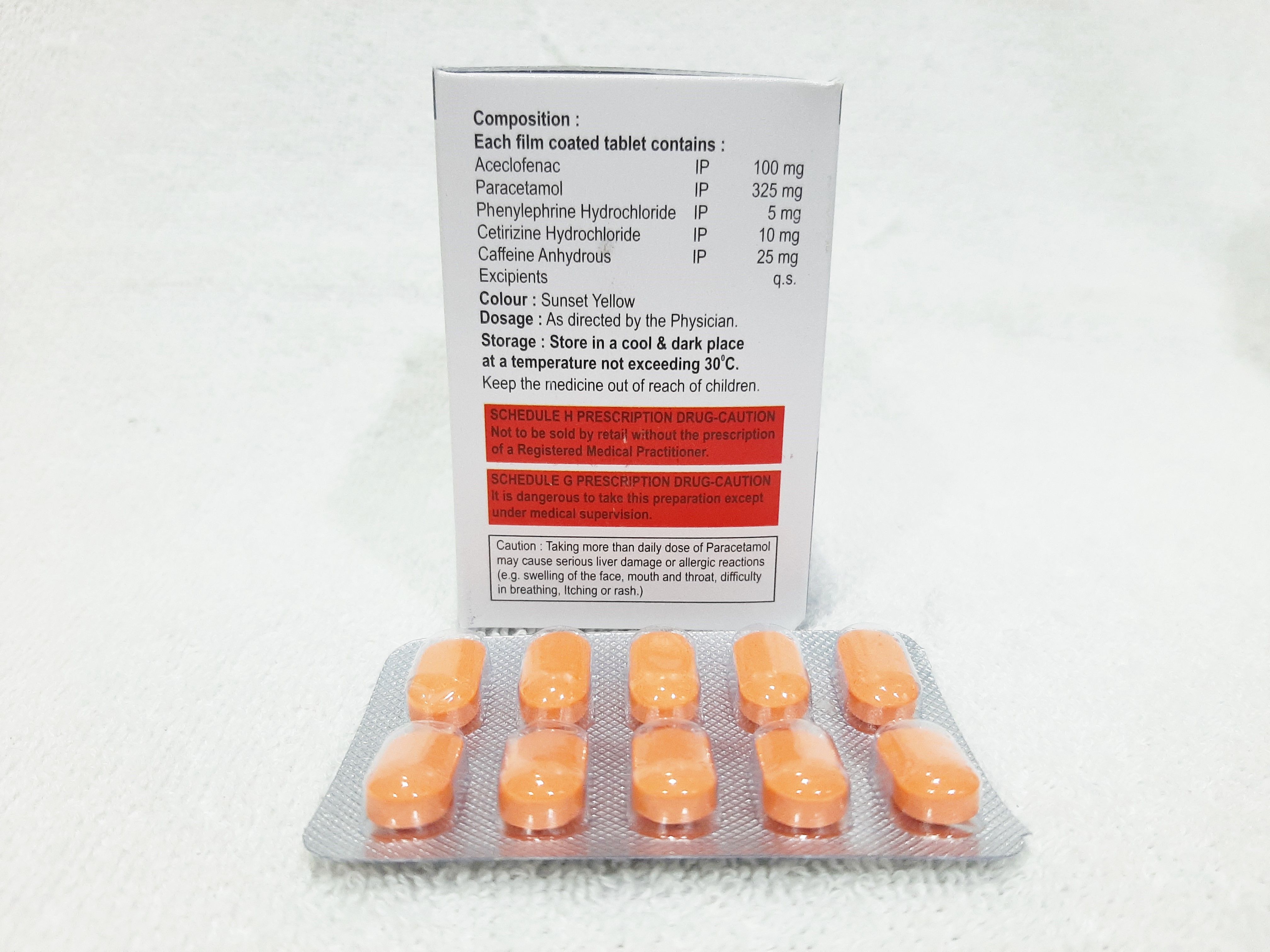 Aceclofenac, Paracetamol, Cetirizine Hcl, Phenylephrine Hcl & Caffeine Tablet