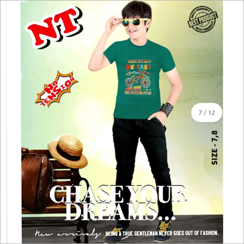 Boys Half Sleeve Printed T-Shirt - Cotton Blend, Size S-L-XL, Bottle Green Color, O-Neck Collar, Short Sleeve Style, Stylish Print