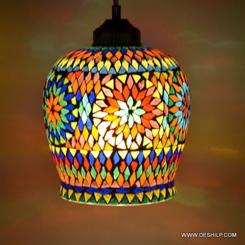 Abode More Multi Color & White Round Mosaic Hanging Lamp