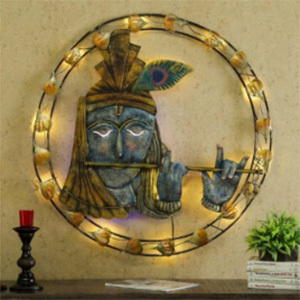 Metal Wall Decor Krishna in Round Circle LED
