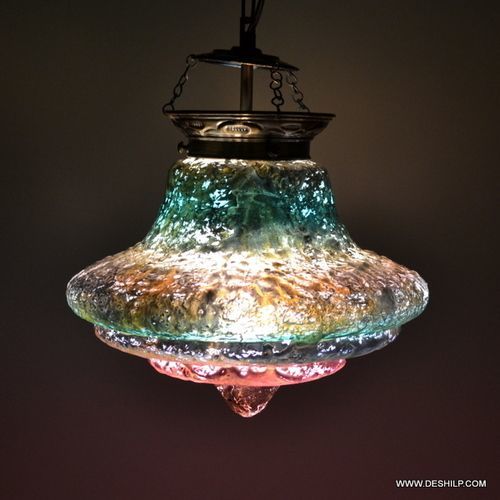 Multicolor Decorated Circular Silver Glass Hanging Lamp
