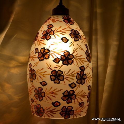 White Luster Glass Antique Printed Hanging Lamp