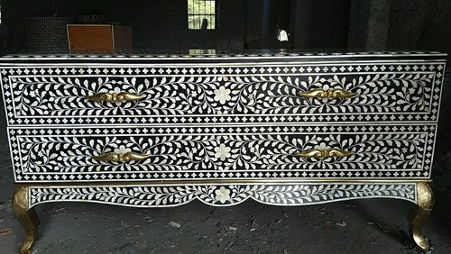 Bone Inlay Black Floral Chest Of Drawer No Assembly Required