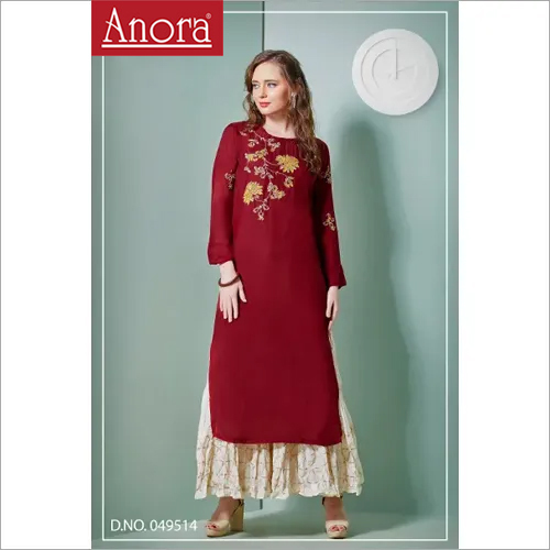 Ladies Embroidered Cotton Kurti  With Palazzo