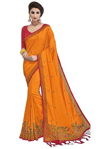 Traditional Satin Yellow Embroidery Saree
