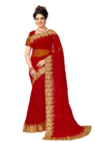 Pink Net Heavy Embroidery Work Saree