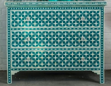 Bone Inlay Designer Chest Of Drawer Cabinet - Wood, 105x45x86 cm | Handmade Geometric Design, 4 Spacious Drawers, Neutral Tones