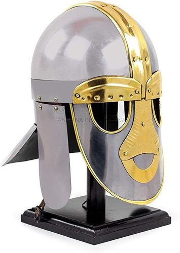 B08473SNB3 6th Century Sutton Hoo Anglo Saxon Medieval Brass Steel Role Play Premium Helmet with Head Liners on Black Base Head Wear Costumes
