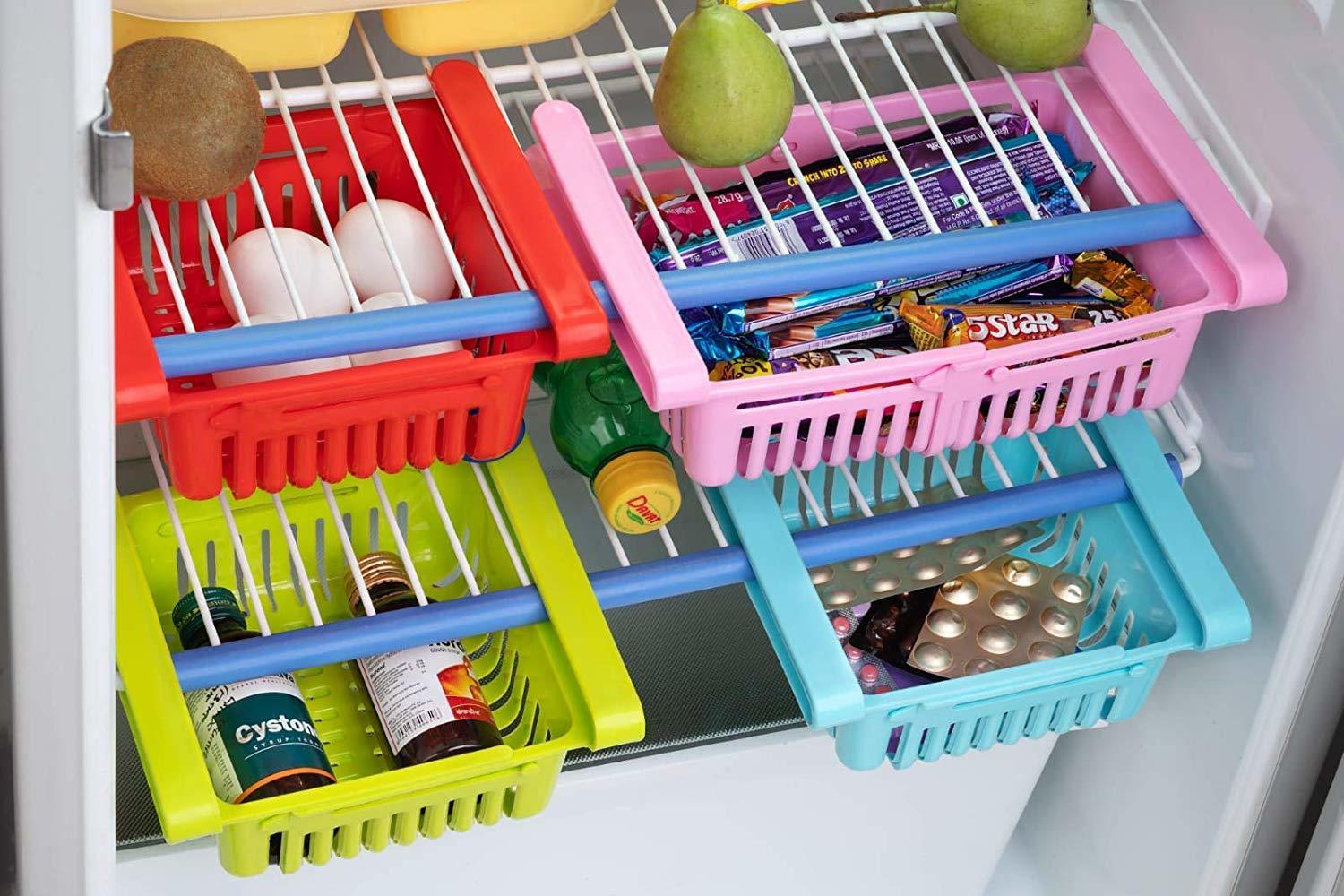 Adjustable Fridge Storage Basket Expandable Fridge Storage Rack Plastic Fridge Space Saver Food Organizer Tray (Set of 4)