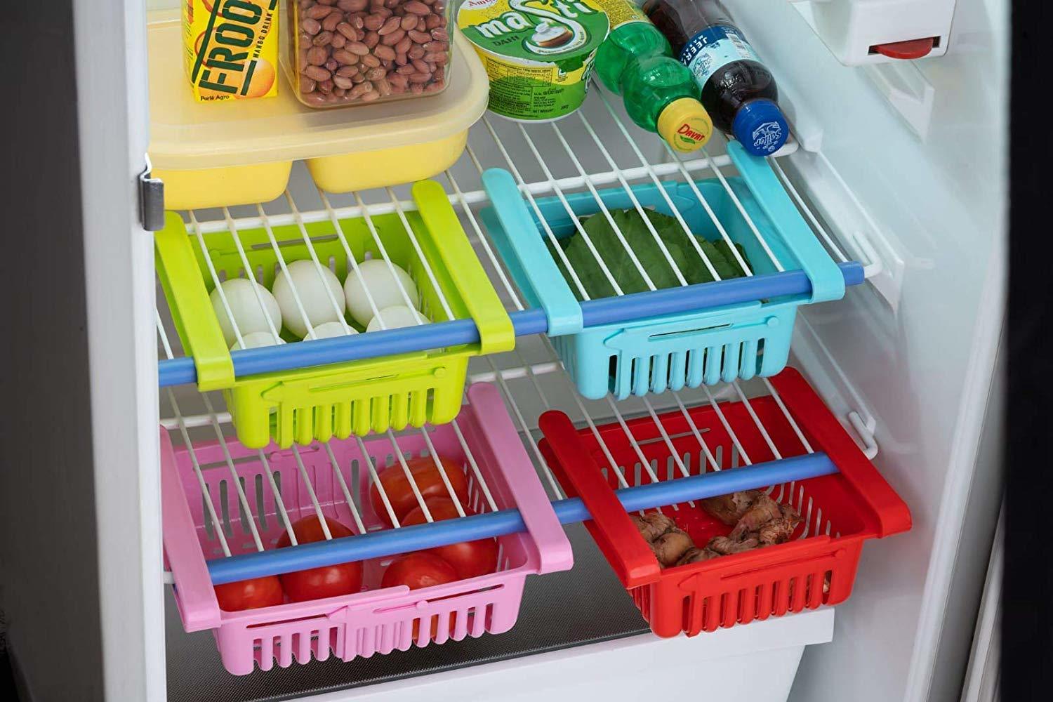 Adjustable Fridge Storage Basket Expandable Fridge Storage Rack Plastic Fridge Space Saver Food Organizer Tray (Set of 4)