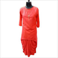 Ladies Dhoti Suits - Casual Cotton Ensemble, Red Color, Full Sleeves, Plain Pattern | Features: Quick Dry, Washable, No Fade, Dry Clean Only