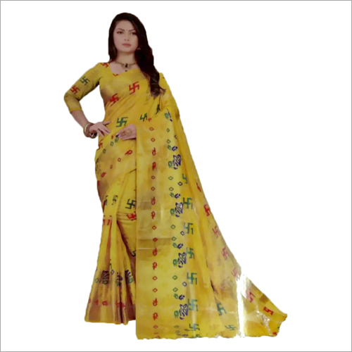 Casual Ladies Yellow Swastik Handloom Sarees