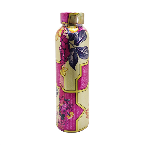 1000 Ml Printed Design Copper Bottle - Copper Material 1000 Milliliter Capacity Round Shape Screw Cap Sealing | Enhances Water Quality Aids Wellness