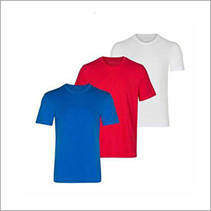 Mens Round Neck T-Shirts - Polyester Fabric, Blue-White and Red Colors, Short Sleeve O-Neck Style, Plain Design