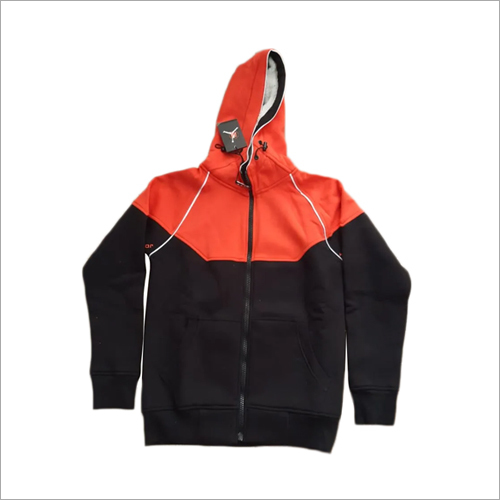 Mens Zipper Hoodie - Cotton Blend, Long Sleeves, Black-Orange | Features Zipper Closure, Plain Pattern for Modern Style