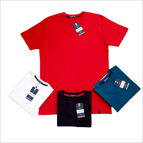 Mens Round Neck T-Shirt - Cotton Blend, Red-White-Black & Blue Color Options, Short Sleeve, Plain Pattern