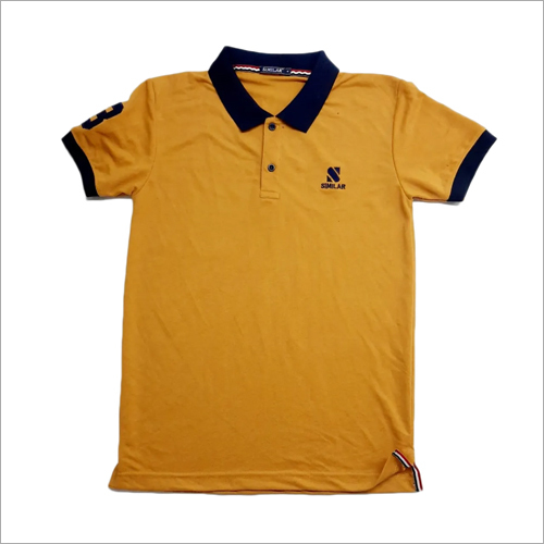 Men's Casual Polo T-Shirt - Cotton Blend, Blue-Yellow Color with Plain Pattern and Short Sleeves