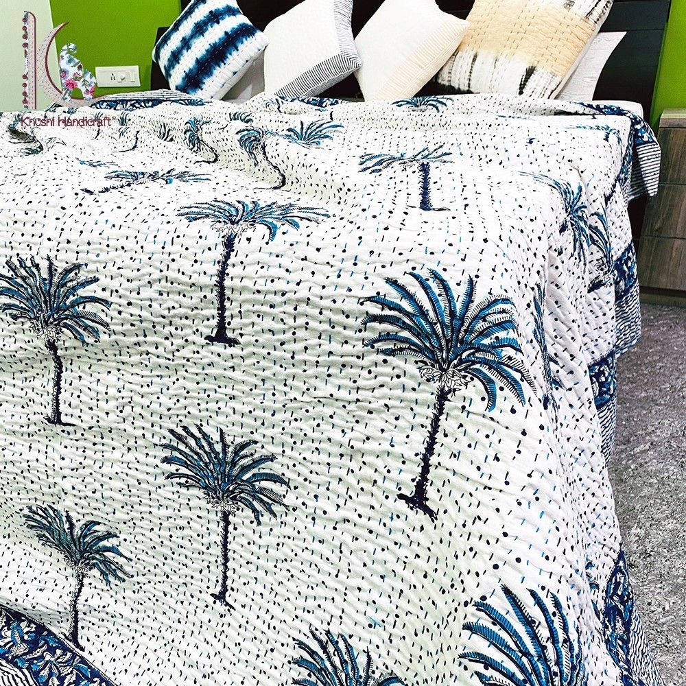 Cotton Hand Block Printed Palm Tree Kantha Bedspreads