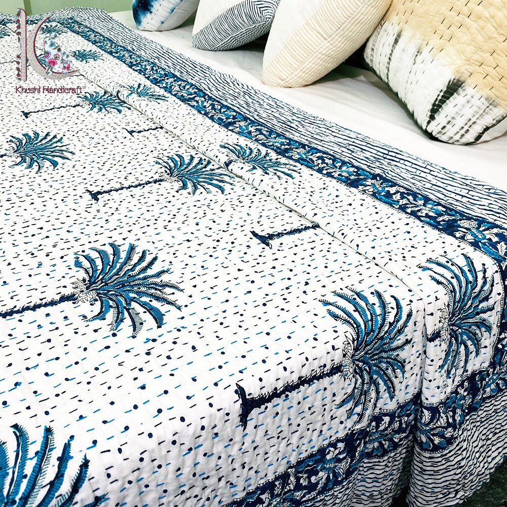 Cotton Hand Block Printed Palm Tree Kantha Bedspreads