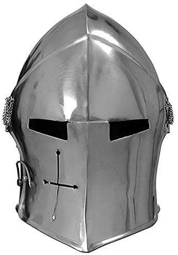 B07ZY34DL7 Medieval Barbuta Visored Brushed Steel Knights Templar Crusaders Armour Helmet | Halloween Costume Props