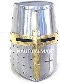 B06XWY9PM8  Medieval Templar Knight Crusader Helmet | Brass Crusader Helmet | Wearable for Adult | Medieval Costumes Silver