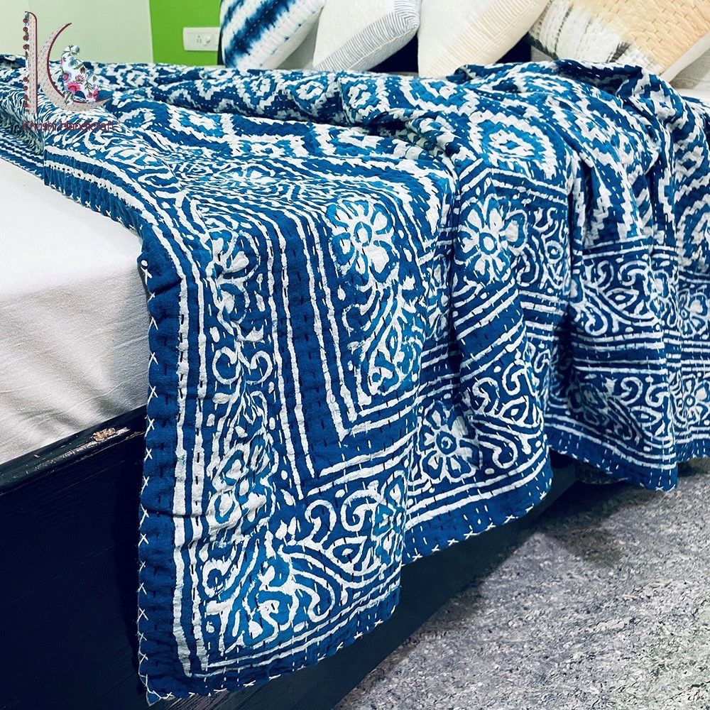 100% Cotton Indigo Kantha Bedspread Bed Cover