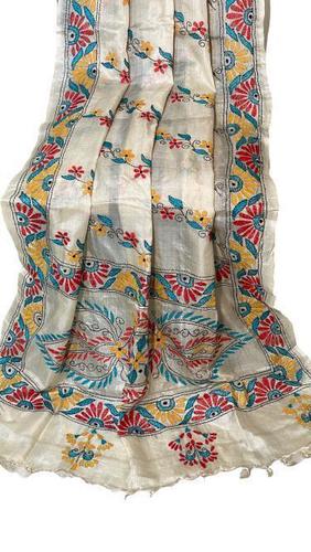 PURE TUSSAR SILK KANTHA EMBROIDERED  (BY HANDS) LONG 2.5 MTRS DUPATTA .