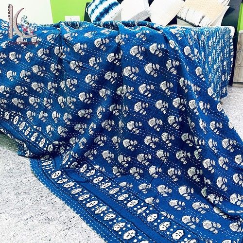 Indigo Hand Work Kantha Quilt Twin Kantha Coverlet Throw