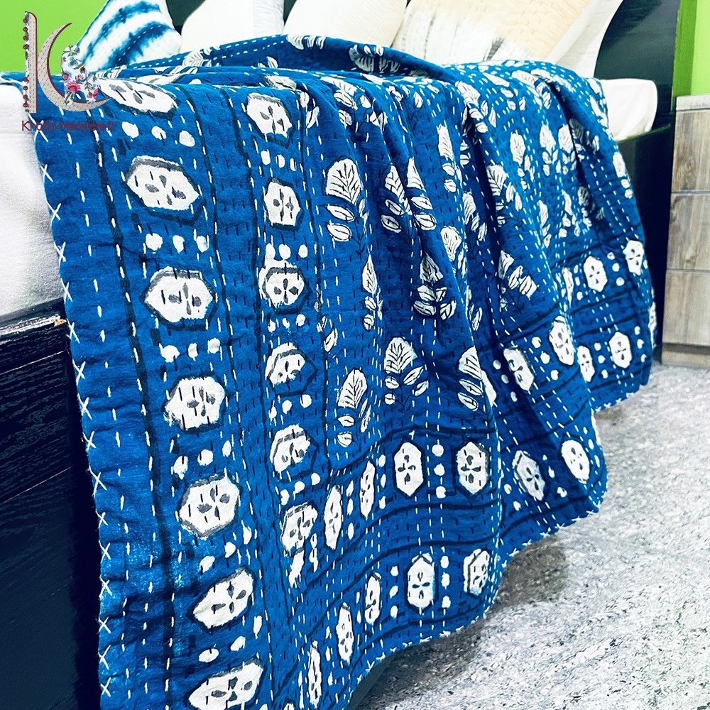 Indigo Hand Work Kantha Quilt Twin Kantha Coverlet Throw