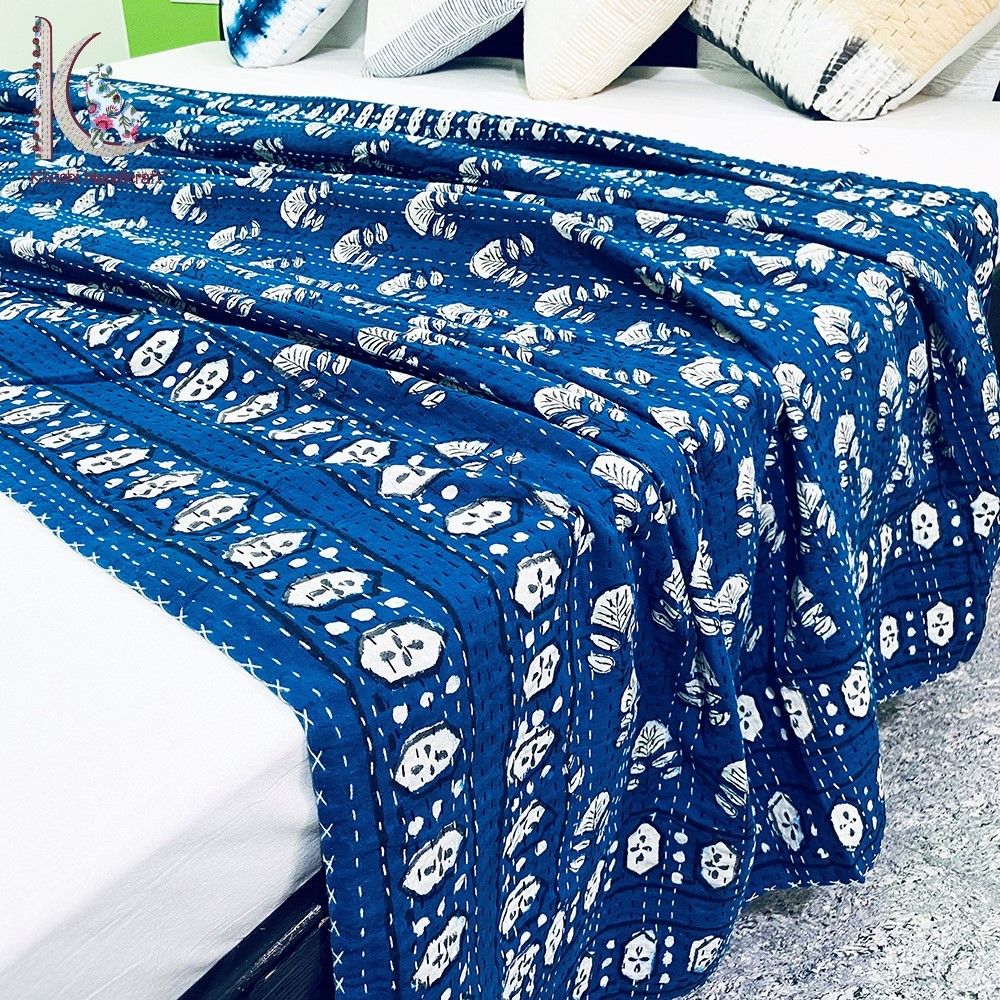 Indigo Hand Work Kantha Quilt Twin Kantha Coverlet Throw