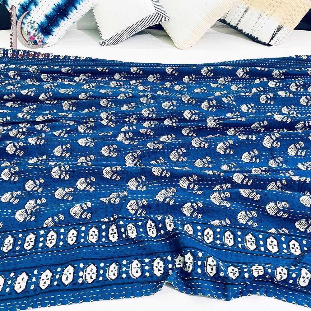 Indigo Hand Work Kantha Quilt Twin Kantha Coverlet Throw