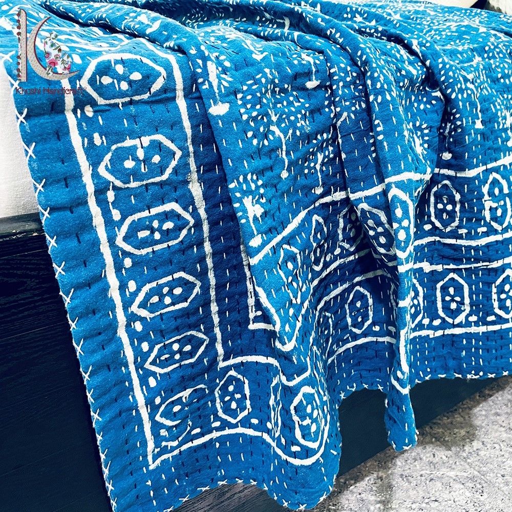 Wholesale Indigo Block Printed Cotton Kantha Bed Cover