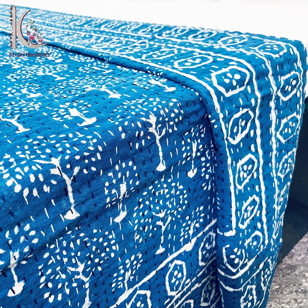 Wholesale Indigo Block Printed Cotton Kantha Bed Cover