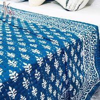 Indigo Colored Nature Printed Kantha Bed Spread