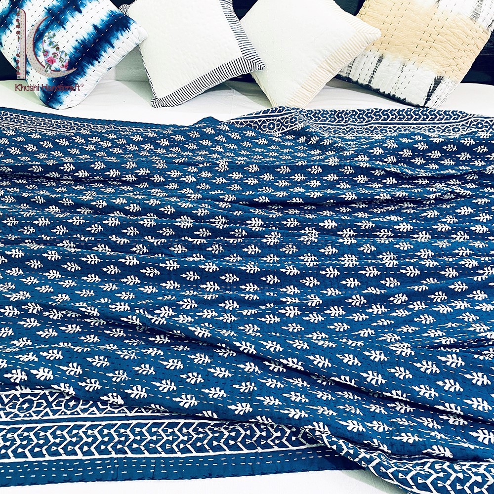 Indigo Colored Nature Printed Kantha Bed Spread