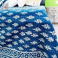 Indigo Colored Nature Printed Kantha Bed Spread