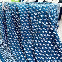 Indigo Colored Nature Printed Kantha Bed Spread