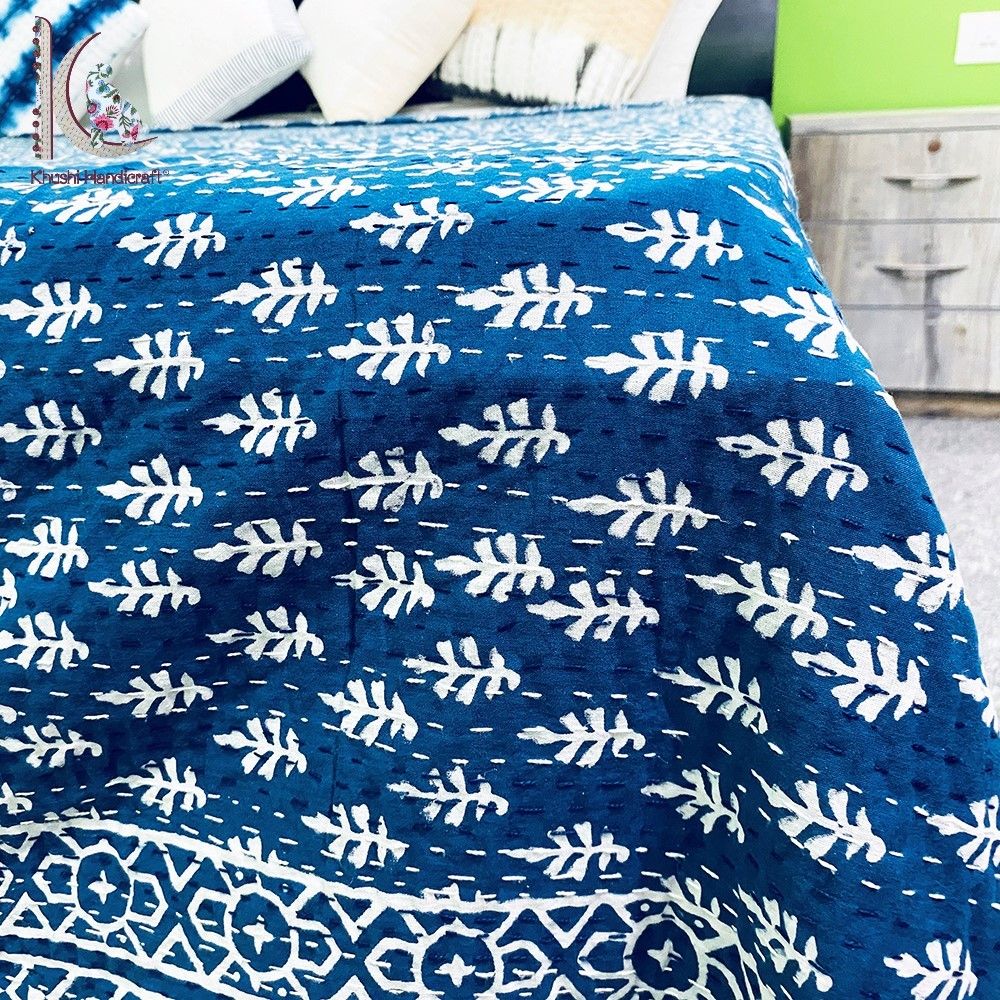 Indigo Colored Nature Printed Kantha Bed Spread