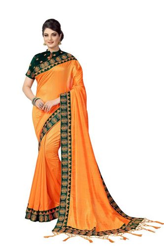 Orange Satin Embroidery Saree