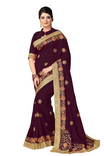 Red Satin Silk Embroidery Saree