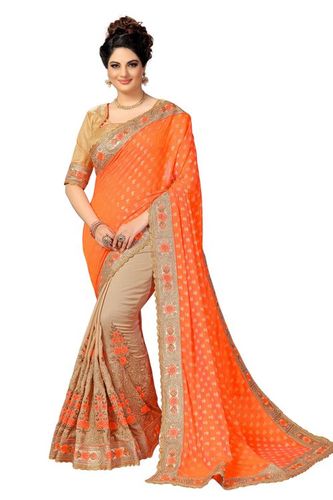 Jacquard Silk Saree - 5.50 Mtr Length with Unstitched Dupion Silk Blouse, Floral Resham Embroidery Design in Pink and Orange