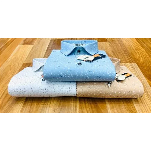 Cotton Printed Shirting Fabric - Classic Collar, Full Sleeves | White, Sky Blue & Light Orange, Suitable for Rainy, Spring, Summer & Winter