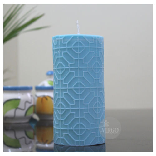 Embossed Geometric Pattern Scented Pillar Candle Turquoise Blue Color