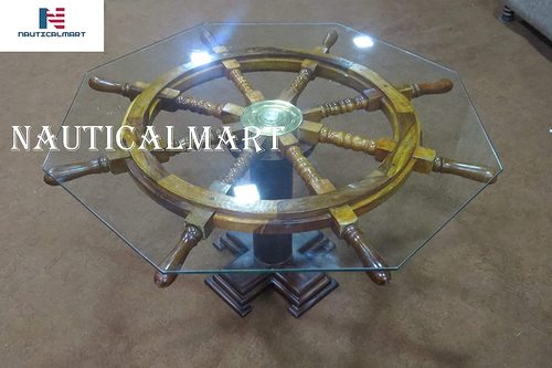 Brass B07Blyy8Bf Vintage Ship'S Wheel Coffee Table With Glass By Naticalmart